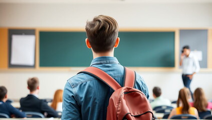 A freshman student with a brown backpack was late for a lecture at college