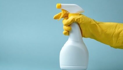 Hand in yellow glove holds white spray bottle against light blue backdrop