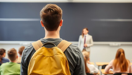 A first-year student is late for a class at the university and stands in front of the audience with a backpack on his back