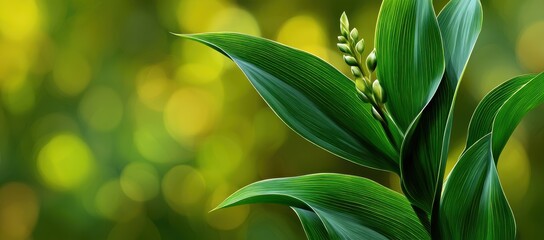 Vibrant green leaves and buds against a soft, out-of-focus green background