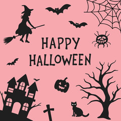 Obraz premium Set of Halloween silhouettes black icon and character. Vector illustration. Isolated on white background.