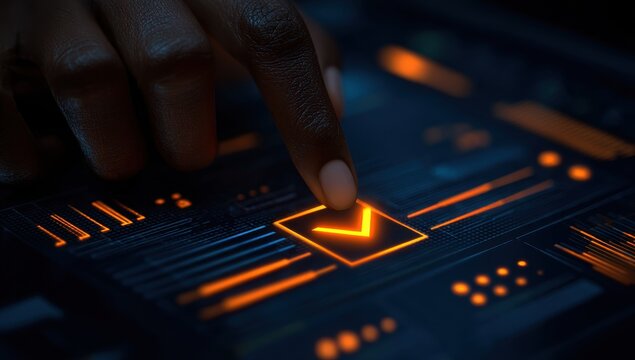 Dark hand touches glowing checkmark on futuristic interface - Powered by Adobe