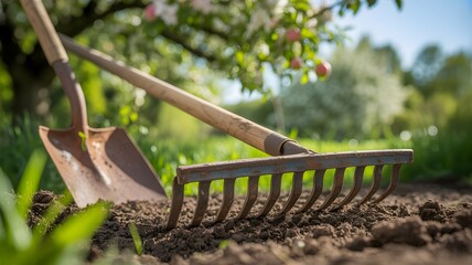 A shovel and rake rest on freshly turned soil, surrounded by vibrant greenery and blooming flowers, symbolizing growth and the beauty of gardening.