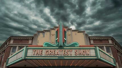 A vintage theater facade, accented with a bold neon sign, evokes a sense of nostalgia and anticipation under a dramatic cloudy sky, perfect for showcasing classic entertainment.