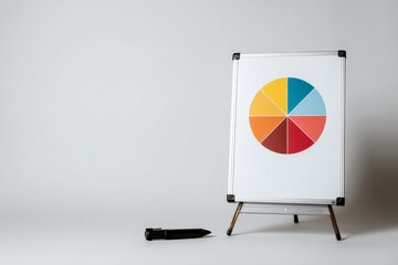 A freestanding whiteboard with a colorful segmented pie chart and black marker on the floor, placed against a clean gray background