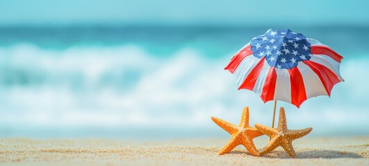 America USA summer vacation travel tourism background  - Parasol with american flag and starfishes in the sand on the beach with sea in the background
