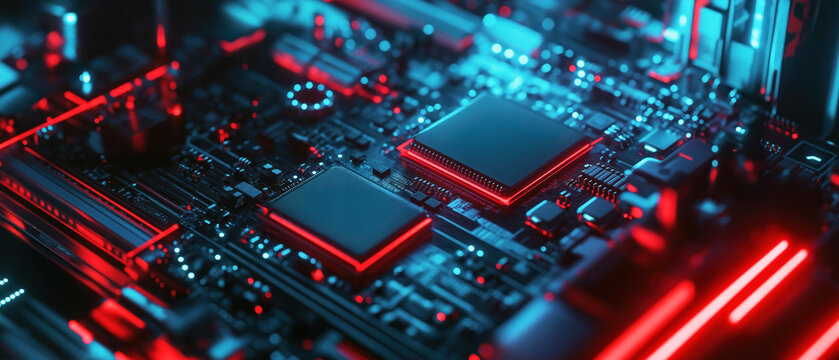 Close-up of glowing red and blue computer motherboard. High-detail view of circuit board featuring microchips, capacitors, and neon lighting in red and blue tones