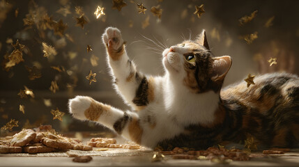 A whimsical calico cat joyfully plays amidst a magical cascade of sparkling golden stars and confetti