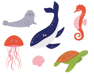Ocean animals like seal,seahorse,jellyfish,sea turtle, whale,shark, sea shell on isolated white background. Vector illustration cartoon flat style