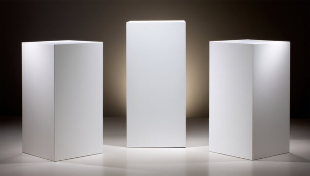 Three white, blank, rectangular display pedestals against a dark background