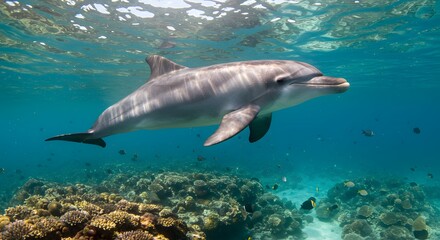 Fototapeta premium Majestic Dolphin Gracefully Navigating Vibrant Coral Reef Ecosystem