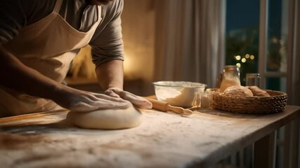 Professional baker with apron kneads dough on wooden surface in warm kitchen at night with bowl and rolling pin - Powered by Adobe