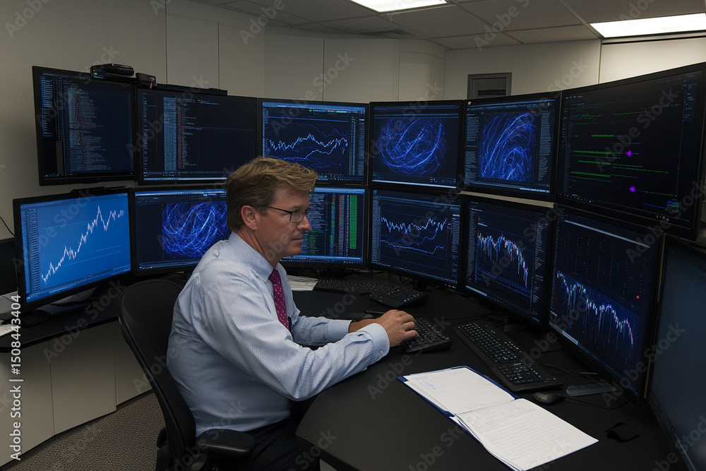 Poster businessperson analyzing complex data across multiple screens in a modern office setting during dayt