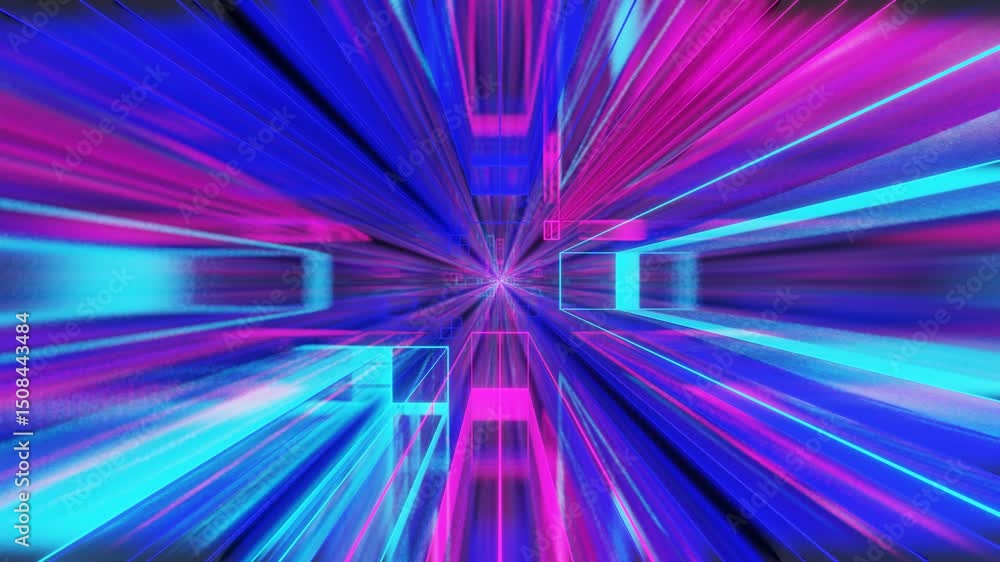 Aufkleber camera flyby inside endless square tunnel with neon glowing cubes. 3d render. looped animation