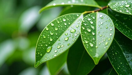 Close-up of dew-covered, vibrant green leaves