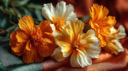Close-up of four vibrant flowers on textured fabric, featuring two orange blooms with intricate petal details and two white and yellow flowers with delicate, translucent petals. Soft lighting enhances