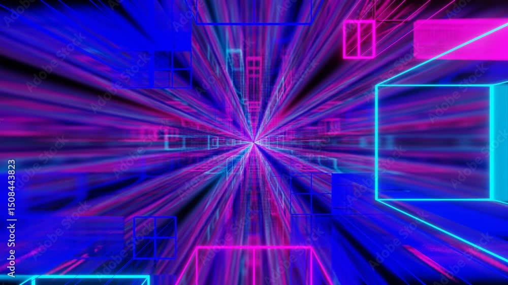 Poster camera flyby inside endless square tunnel with neon glowing cubes. 3d render. looped animation