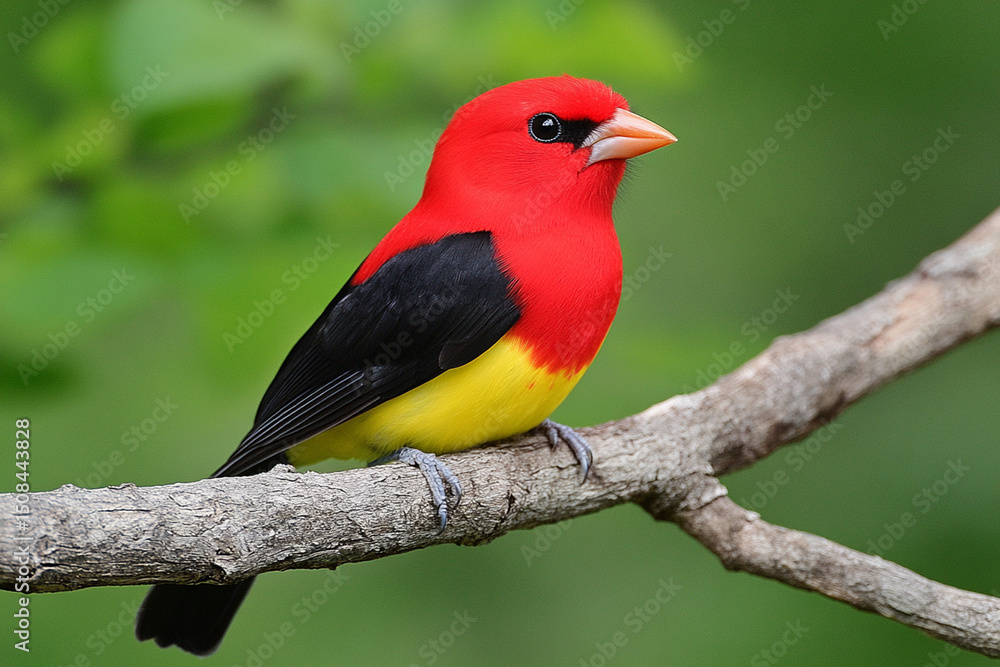 Poster close-up view of a colorful bird perched on a delicate tree branch in a serene natural setting