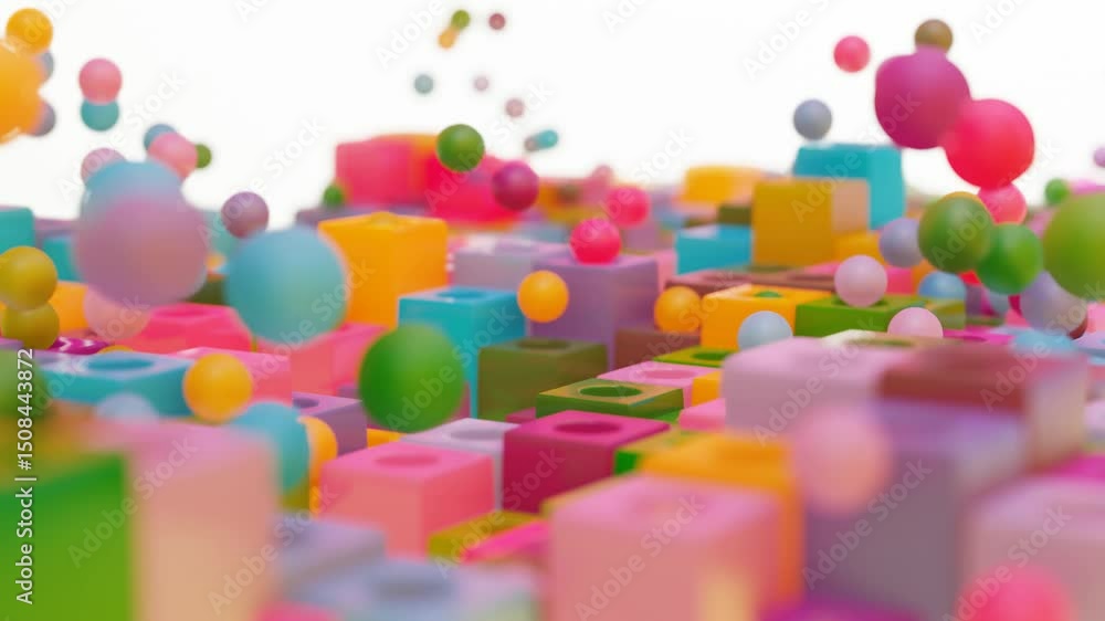 Poster abstract 3d colorful background. rising and falling spheres and cubes with holes. 3d render. looped 