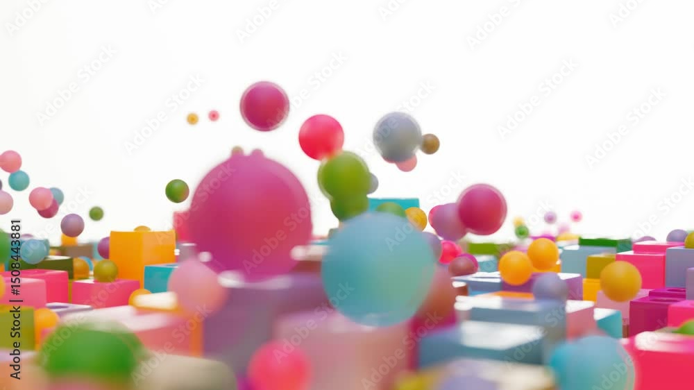 Aufkleber abstract 3d colorful background. rising and falling spheres and cubes with holes. 3d render. looped 