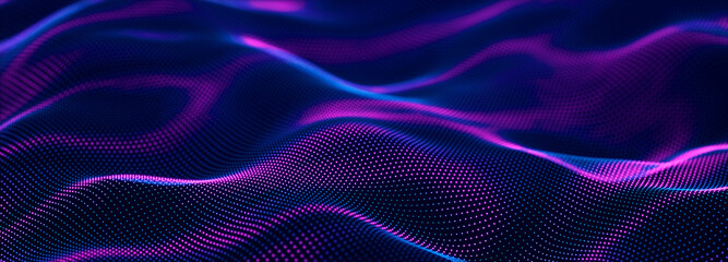 Particle stream. Purple background with many glowing particles. Information technology background. 3d rendering.