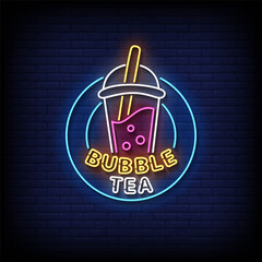bubble tea neon sign with brick wall background vector