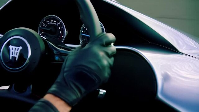 Close-up view of a driver's hands on the steering wheel of a futuristic car