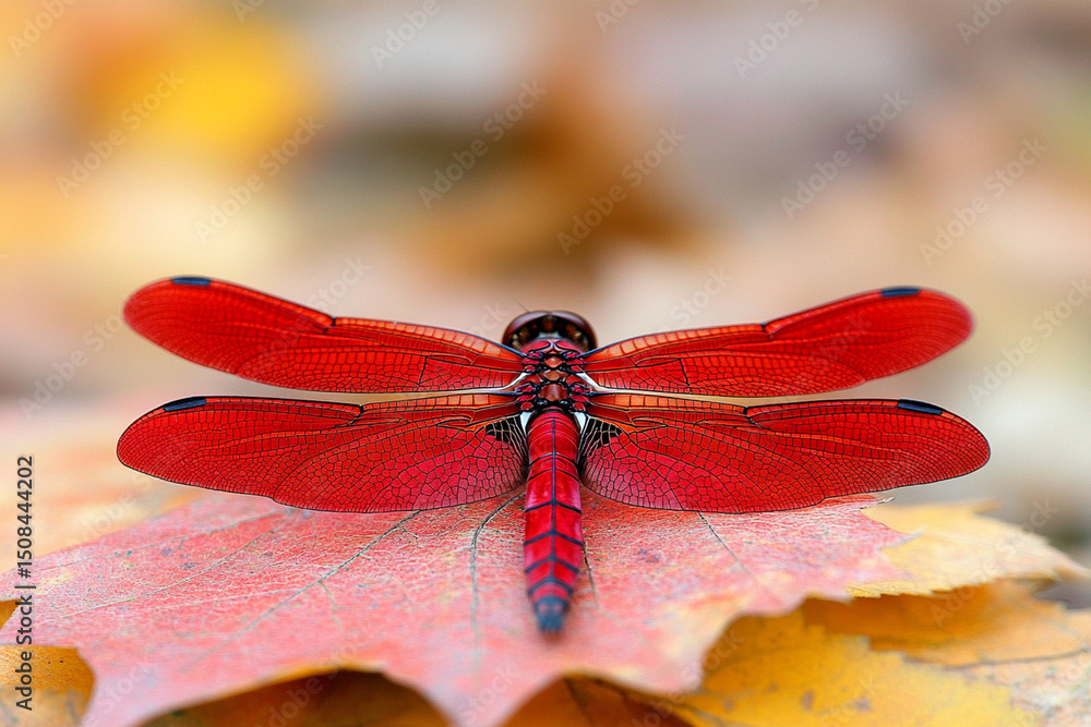 Poster close-up view of a dragonfly resting on a green leaf in a natural setting at midday