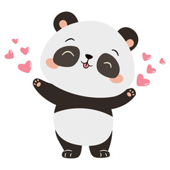 Cute loving panda with hearts, illustration for valentine's day. Flat vector illustration in simple childish style. Vector illustration