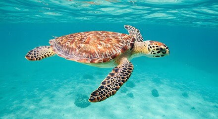 Obraz premium Hawksbill Sea Turtle Gracefully Gliding Through Crystal-Clear Caribbean Waters