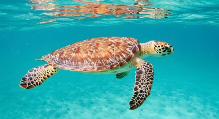 Obraz premium Majestic Sea Turtle Gracefully Gliding Through Crystal-Clear Turquoise Waters