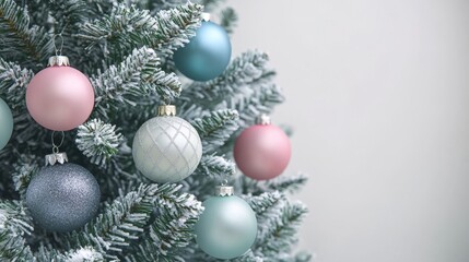 Fototapeta premium Frosted Christmas Tree Decorated with Silver, Blue, and Pink Baubles on White Background