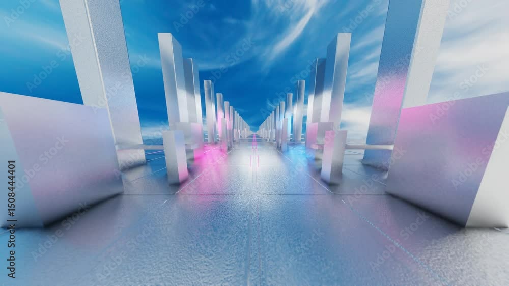 Poster camera pan forward in a corridor of rising and falling silver rectangular shapes against a blue sky 