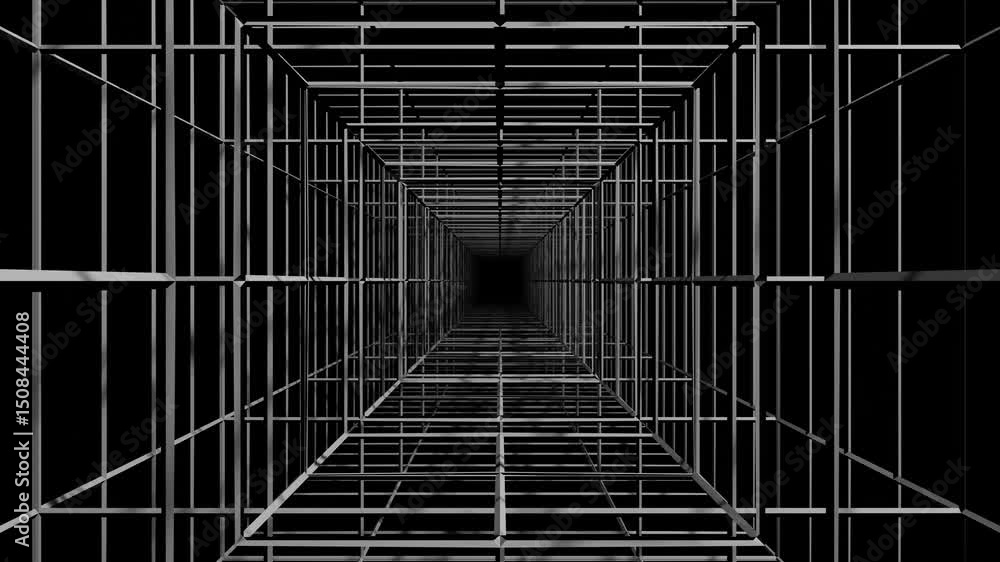 Poster camera pans forward past endless rows of grey bars on black background. 3d render. looped animation