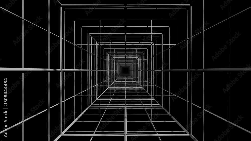 Poster camera pans forward past endless rows of grey bars on black background. 3d render. looped animation