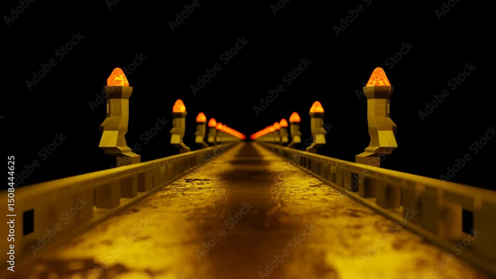 Poster camera fly forward over bridge with torches on black background. 3d render. looped animation