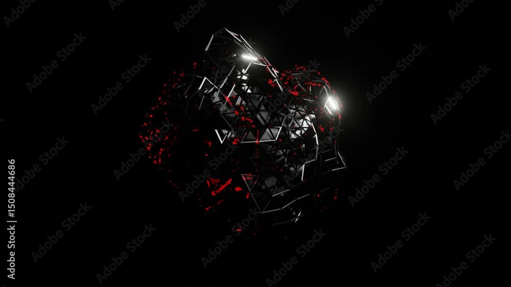 Poster deformable low poly abstract figure with red blinking moves on black background. 3d render. looped a