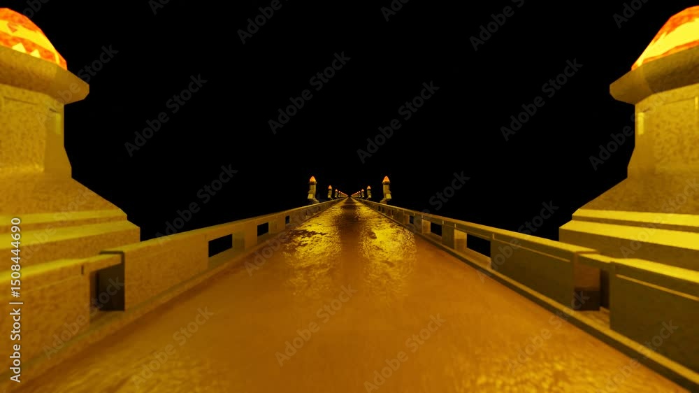 Aufkleber camera fly forward over bridge with torches on black background. 3d render. looped animation