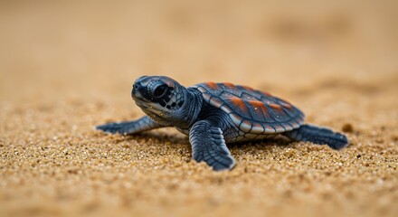 Obraz premium A Tiny Turtle's First Steps: Witnessing the Incredible Journey of a Newborn Sea Turtle Hatchling
