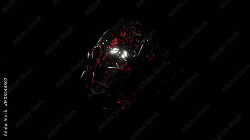Poster deformable low poly abstract figure with red blinking moves on black background. 3d render. looped a