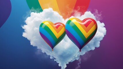 Two rainbow-colored hearts nestled in a vibrant rainbow cloud, symbolizing pride and love.