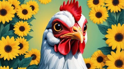 A whimsical chicken, happily posing in a sunny field filled with flowers.