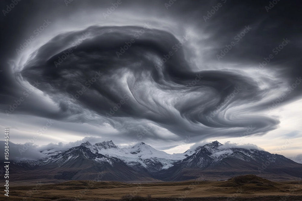 Aufkleber dynamic clouds swirl across the sky, creating a dramatic and chaotic atmosphere at dusk