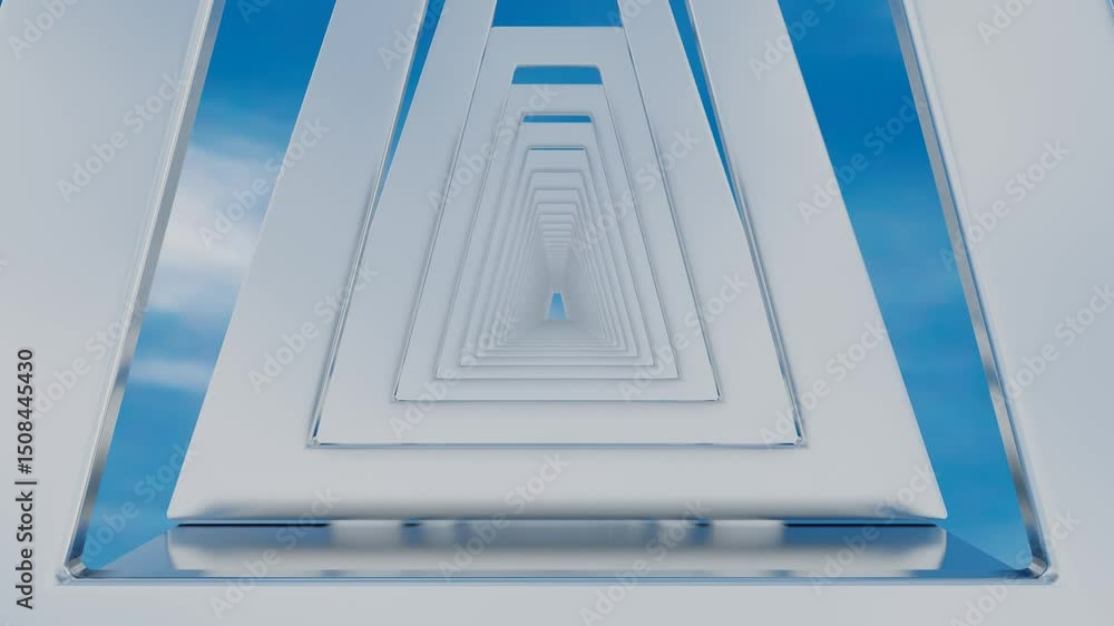 Poster camera flyby inside endless tunnel of trapezoid frames against blue sky with white clouds. 3d render