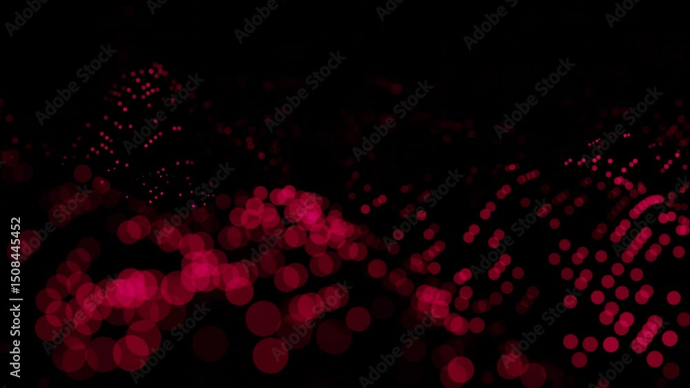 Poster moving up and down purple red round particles on black background. 3d render. looped animation