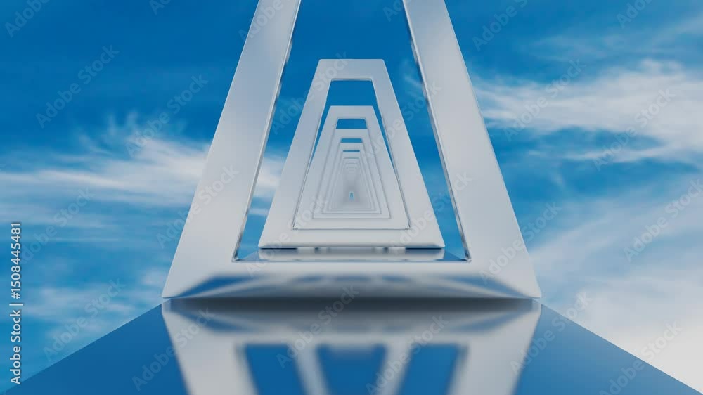 Poster camera flyby inside endless tunnel of trapezoid frames against blue sky with white clouds. 3d render