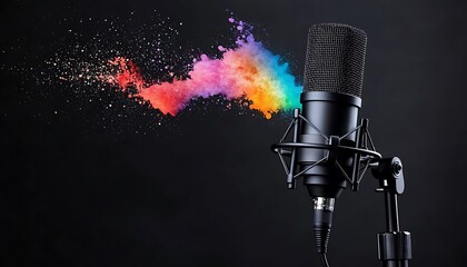 Vibrant Rainbow Splash Behind Professional Podcast Microphone