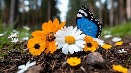 Vibrant Wildflowers and Blue Butterfly in Sunny Forest