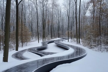 outdoor skating trail winding through a forest of snow-covered trees, Generative AI