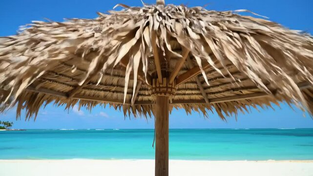 Tropical beach paradise with traditional thatched palm umbrella and wooden lounge chairs on pristine white sand beach overlooking turquoise ocean waters under clear blue sky